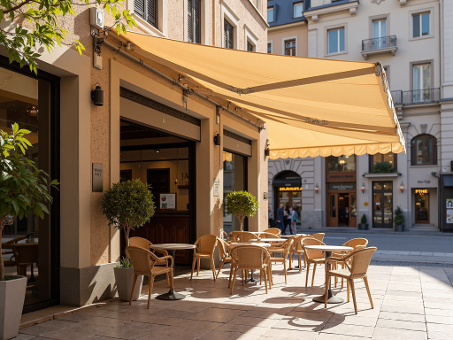 Outdoor sun shelter installation showing durable canopy structure with people enjoying shaded area under bright sunny conditions, white and beige colored fabric, modern design, professional photography